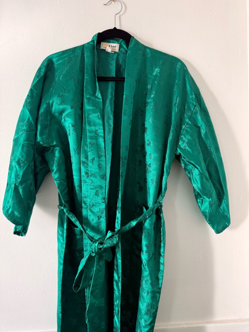 Emerald Brocade Satin Kimono-Style Robe